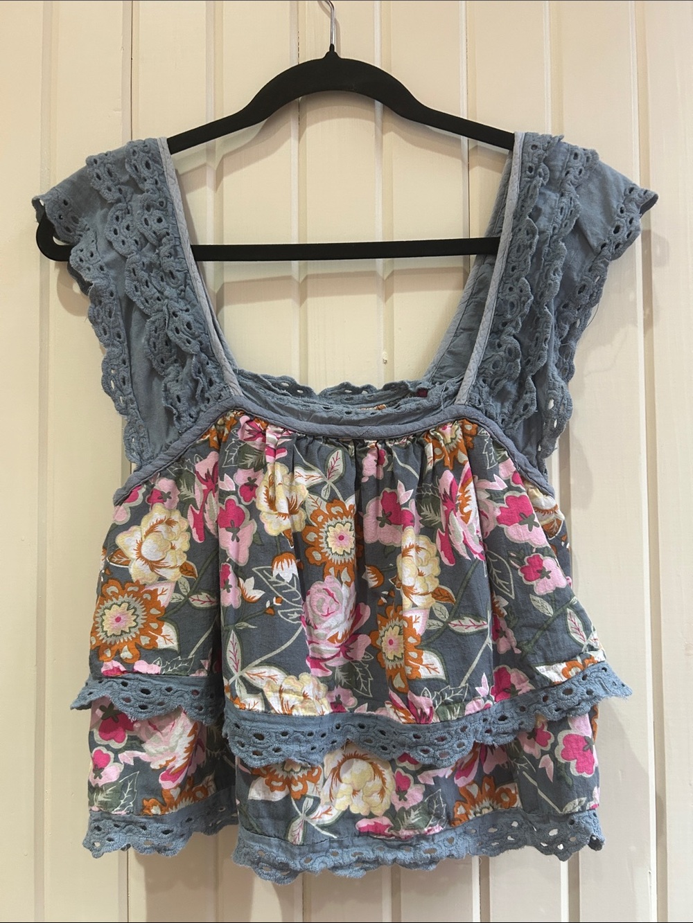 Floral Tiered Eyelet Tank Top - Gray, Pink & Brown